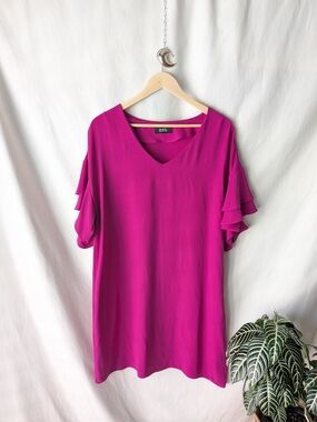 A.B.S. Bright Magenta V-Neck Ruffle Sleeve Mini Dress